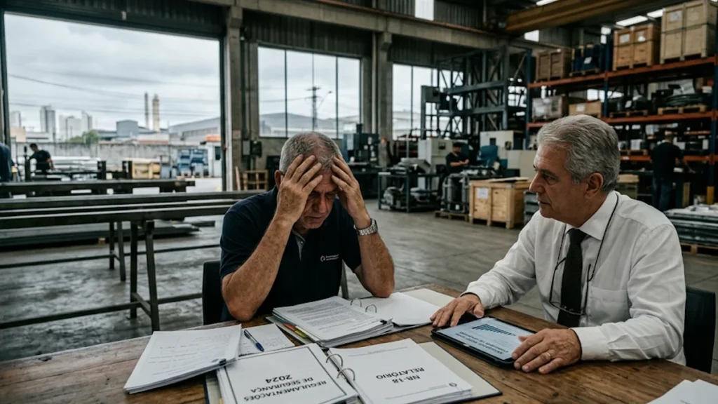 Reunião entre gestor de empresa paulista e advogado especialista discutindo responsabilidade e documentação após acidente de trabalho com indícios de culpa concorrente.