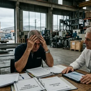 Reunião entre gestor de empresa paulista e advogado especialista discutindo responsabilidade e documentação após acidente de trabalho com indícios de culpa concorrente.