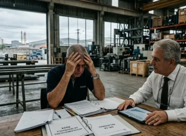 Reunião entre gestor de empresa paulista e advogado especialista discutindo responsabilidade e documentação após acidente de trabalho com indícios de culpa concorrente.