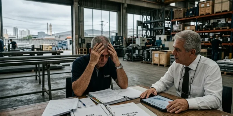 Reunião entre gestor de empresa paulista e advogado especialista discutindo responsabilidade e documentação após acidente de trabalho com indícios de culpa concorrente.