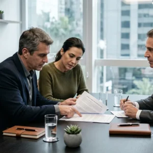 Casal em reunião privada com especialista analisando cláusulas de contrato de compra de imóvel na planta para identificar taxas abusivas.