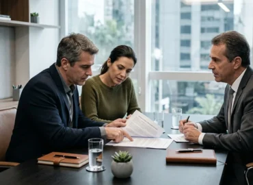 Casal em reunião privada com especialista analisando cláusulas de contrato de compra de imóvel na planta para identificar taxas abusivas.