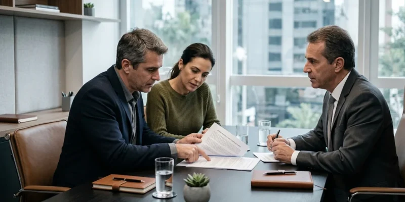 Casal em reunião privada com especialista analisando cláusulas de contrato de compra de imóvel na planta para identificar taxas abusivas.