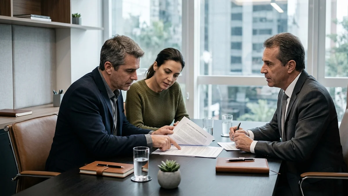 Casal em reunião privada com especialista analisando cláusulas de contrato de compra de imóvel na planta para identificar taxas abusivas.