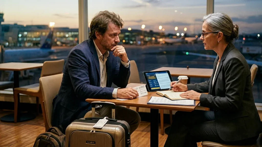 Advogado experiente em São Paulo orientando passageiro sobre danos morais após atraso de voo internacional em aeroporto (GRU), demonstrando consulta jurídica humanizada e especialista.