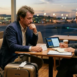 Advogado experiente em São Paulo orientando passageiro sobre danos morais após atraso de voo internacional em aeroporto (GRU), demonstrando consulta jurídica humanizada e especialista.