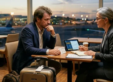 Advogado experiente em São Paulo orientando passageiro sobre danos morais após atraso de voo internacional em aeroporto (GRU), demonstrando consulta jurídica humanizada e especialista.