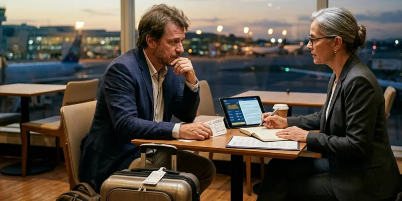 Advogado experiente em São Paulo orientando passageiro sobre danos morais após atraso de voo internacional em aeroporto (GRU), demonstrando consulta jurídica humanizada e especialista.