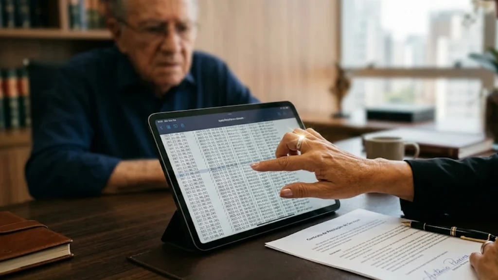 Advogada em São Paulo analisa logs de acesso em tablet para comprovar fraude de assinatura digital em empréstimo bancário.