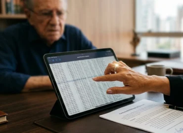 Advogada em São Paulo analisa logs de acesso em tablet para comprovar fraude de assinatura digital em empréstimo bancário.