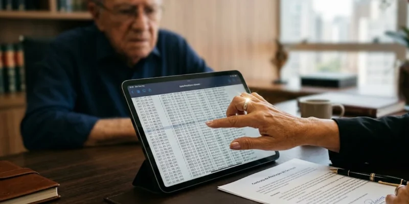 Advogada em São Paulo analisa logs de acesso em tablet para comprovar fraude de assinatura digital em empréstimo bancário.