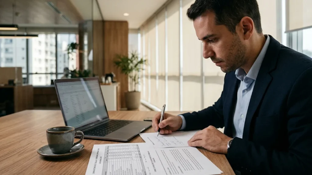 Profissional analisando documentos e cálculos de reflexos de horas extras habituais em verbas rescisórias sobre uma mesa de escritório.