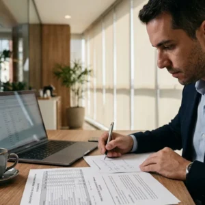 Profissional analisando documentos e cálculos de reflexos de horas extras habituais em verbas rescisórias sobre uma mesa de escritório.