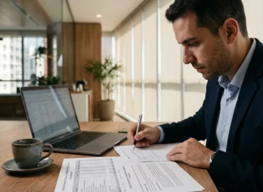 Profissional analisando documentos e cálculos de reflexos de horas extras habituais em verbas rescisórias sobre uma mesa de escritório.