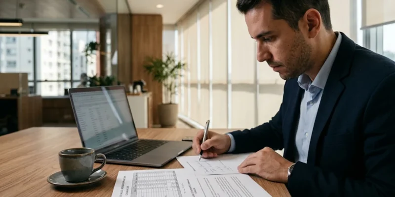 Profissional analisando documentos e cálculos de reflexos de horas extras habituais em verbas rescisórias sobre uma mesa de escritório.