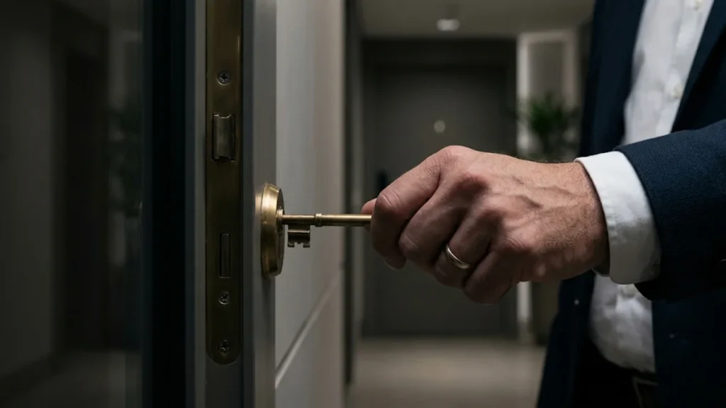 Sindico entrando em apartamento fechado com vazamento