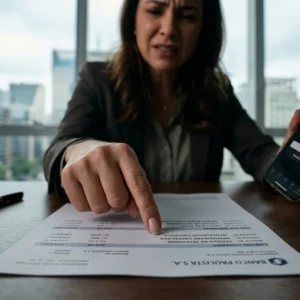 Mulher irritada apontando para fatura de cartão de crédito com cobrança indevida de streaming em escritório em São Paulo, segurando celular com cancelamento comprovado.