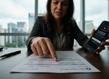 Mulher irritada apontando para fatura de cartão de crédito com cobrança indevida de streaming em escritório em São Paulo, segurando celular com cancelamento comprovado.