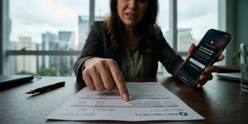 Mulher irritada apontando para fatura de cartão de crédito com cobrança indevida de streaming em escritório em São Paulo, segurando celular com cancelamento comprovado.