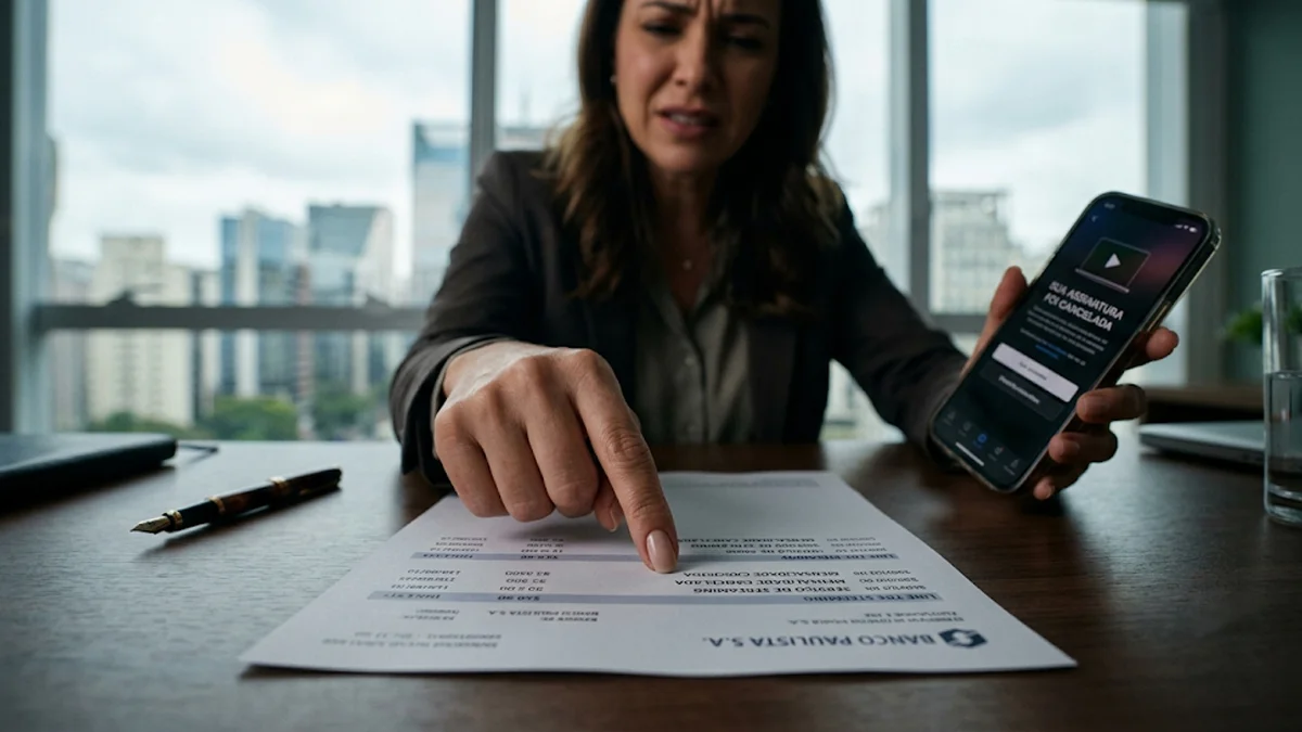 Mulher irritada apontando para fatura de cartão de crédito com cobrança indevida de streaming em escritório em São Paulo, segurando celular com cancelamento comprovado.