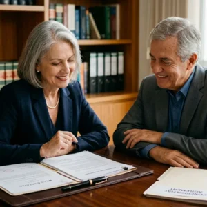 Casal sênior em reunião de planejamento sucessório analisando certidão de casamento antiga e documentos de partilha em escritório.