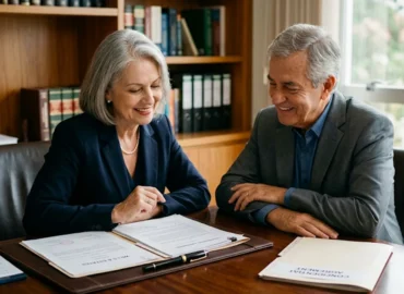 Casal sênior em reunião de planejamento sucessório analisando certidão de casamento antiga e documentos de partilha em escritório.
