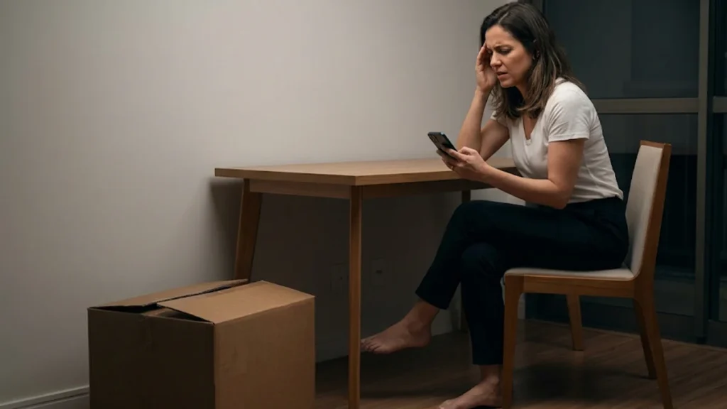 Mulher com expressão de preocupação e frustração olha para a tela do celular em uma sala vazia ao lado de uma caixa de papelão de mudança, ilustrando o descaso de uma imobiliária digital em São Paulo.