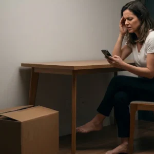 Mulher com expressão de preocupação e frustração olha para a tela do celular em uma sala vazia ao lado de uma caixa de papelão de mudança, ilustrando o descaso de uma imobiliária digital em São Paulo.