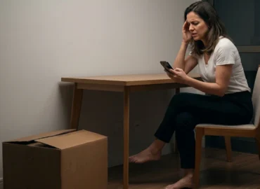 Mulher com expressão de preocupação e frustração olha para a tela do celular em uma sala vazia ao lado de uma caixa de papelão de mudança, ilustrando o descaso de uma imobiliária digital em São Paulo.