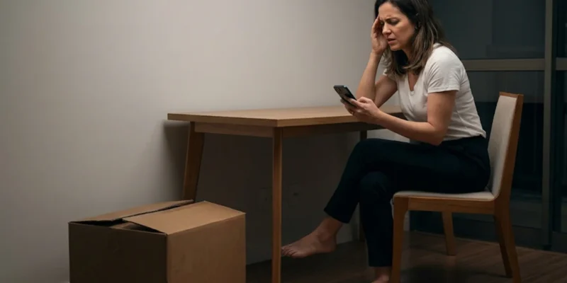 Mulher com expressão de preocupação e frustração olha para a tela do celular em uma sala vazia ao lado de uma caixa de papelão de mudança, ilustrando o descaso de uma imobiliária digital em São Paulo.