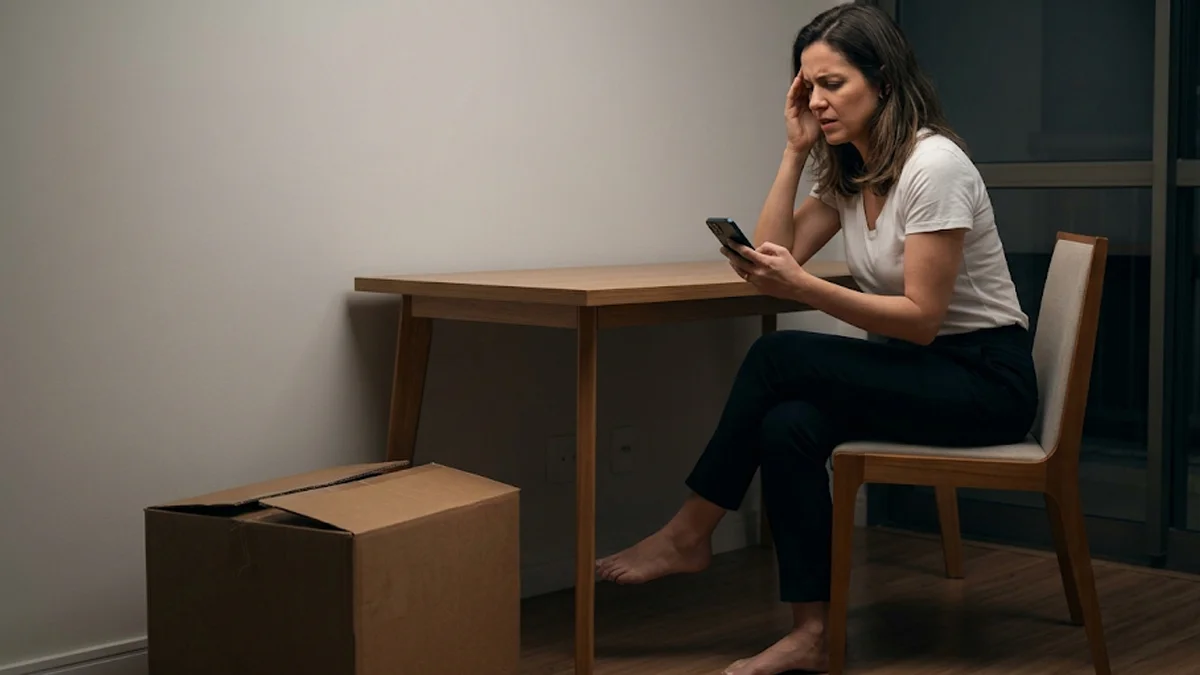 Mulher com expressão de preocupação e frustração olha para a tela do celular em uma sala vazia ao lado de uma caixa de papelão de mudança, ilustrando o descaso de uma imobiliária digital em São Paulo.