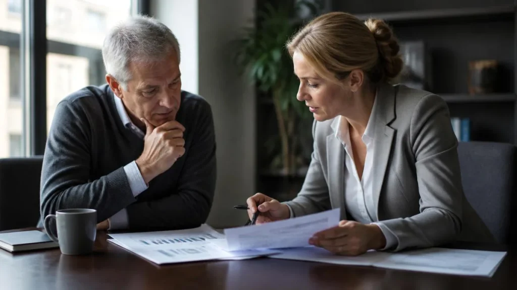 Profissional revisando planilha financeira e termo de rescisão de contrato de trabalho sobre mesa de reunião em escritório corporativo.