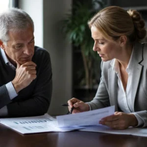 Profissional revisando planilha financeira e termo de rescisão de contrato de trabalho sobre mesa de reunião em escritório corporativo.
