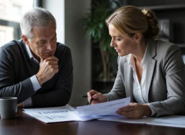 Profissional revisando planilha financeira e termo de rescisão de contrato de trabalho sobre mesa de reunião em escritório corporativo.