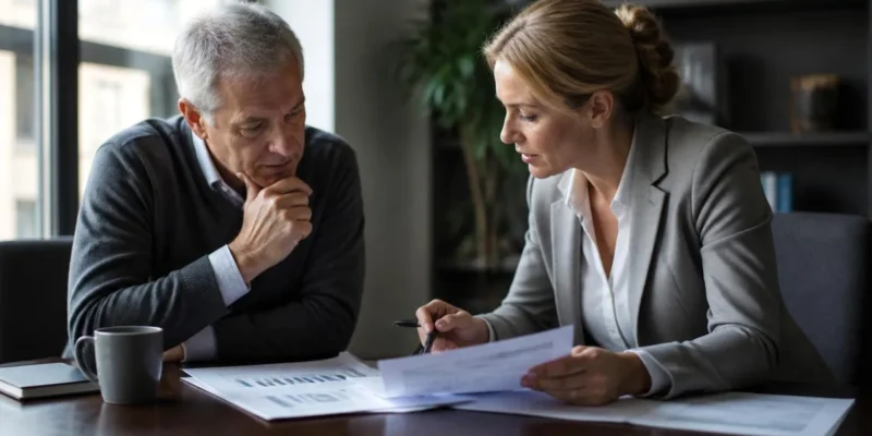 Profissional revisando planilha financeira e termo de rescisão de contrato de trabalho sobre mesa de reunião em escritório corporativo.