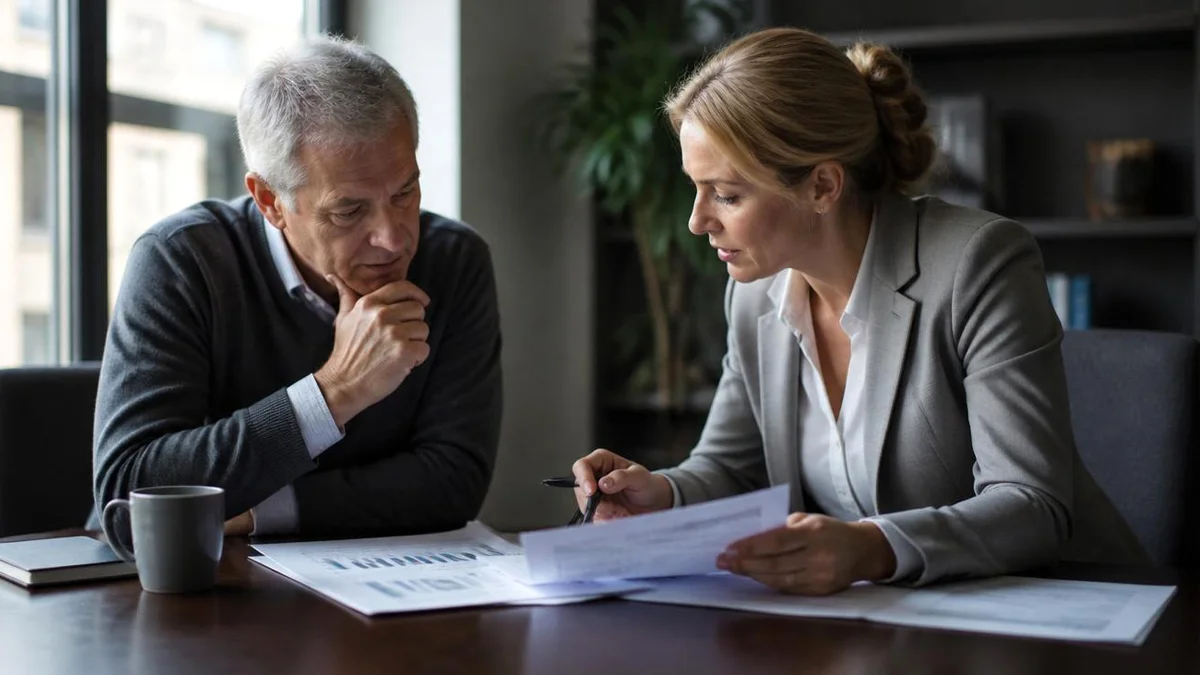 Profissional revisando planilha financeira e termo de rescisão de contrato de trabalho sobre mesa de reunião em escritório corporativo.