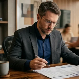 Profissional analisando documentos e contrato de trabalho em escritório para comprovar desvio de função e diferenças salariais.
