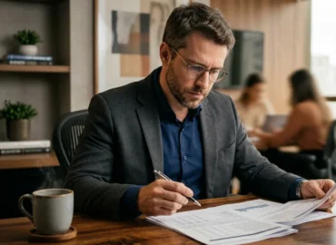Profissional analisando documentos e contrato de trabalho em escritório para comprovar desvio de função e diferenças salariais.