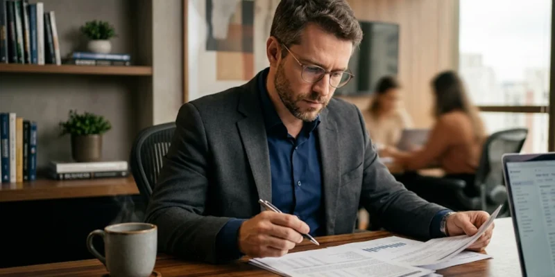 Profissional analisando documentos e contrato de trabalho em escritório para comprovar desvio de função e diferenças salariais.