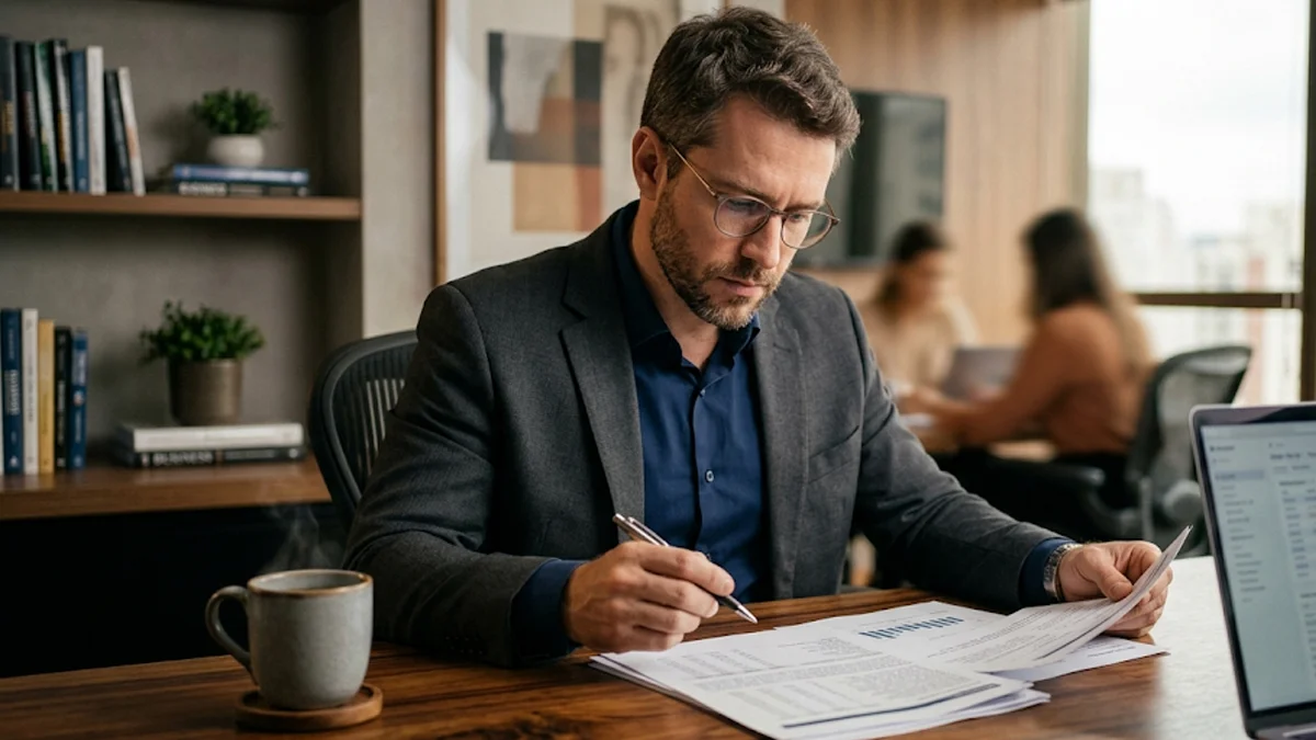 Profissional analisando documentos e contrato de trabalho em escritório para comprovar desvio de função e diferenças salariais.
