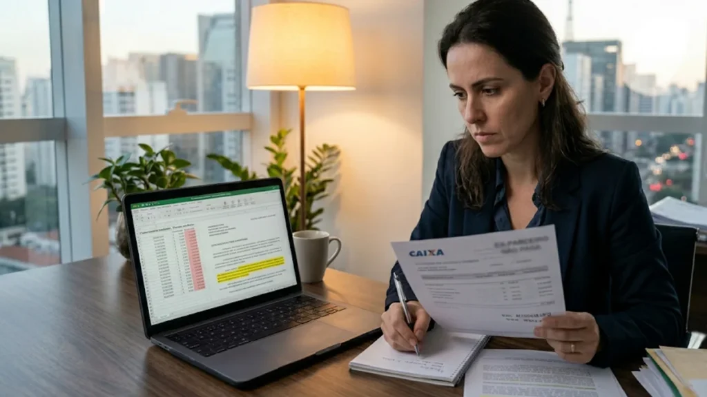 Mulher preocupada analisando documentos financeiros em escritório com vista para São Paulo.