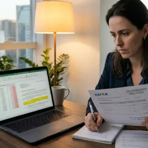 Mulher preocupada analisando documentos financeiros em escritório com vista para São Paulo.
