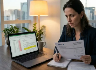 Mulher preocupada analisando documentos financeiros em escritório com vista para São Paulo.