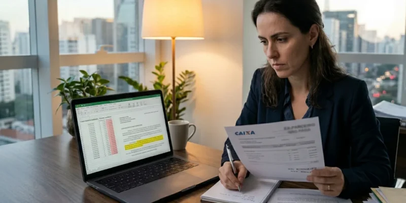 Mulher preocupada analisando documentos financeiros em escritório com vista para São Paulo.