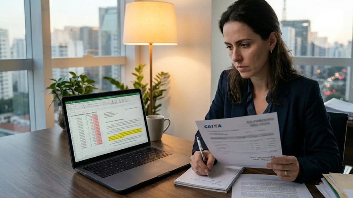Mulher preocupada analisando documentos financeiros em escritório com vista para São Paulo.