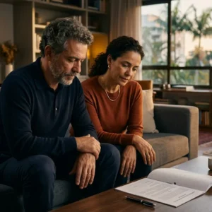 Casal analisando contrato de fiança assinado sem autorização sobre a mesa em sala residencial.