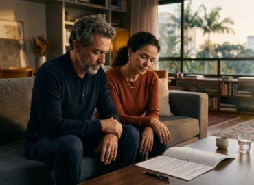 Casal analisando contrato de fiança assinado sem autorização sobre a mesa em sala residencial.