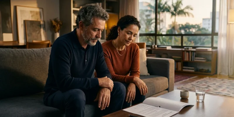 Casal analisando contrato de fiança assinado sem autorização sobre a mesa em sala residencial.