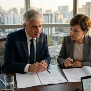 otografia corporativa moderna de dois advogados seniores na Grande São Paulo, em uma mesa de reunião, analisando documentos complexos