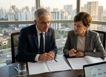 otografia corporativa moderna de dois advogados seniores na Grande São Paulo, em uma mesa de reunião, analisando documentos complexos